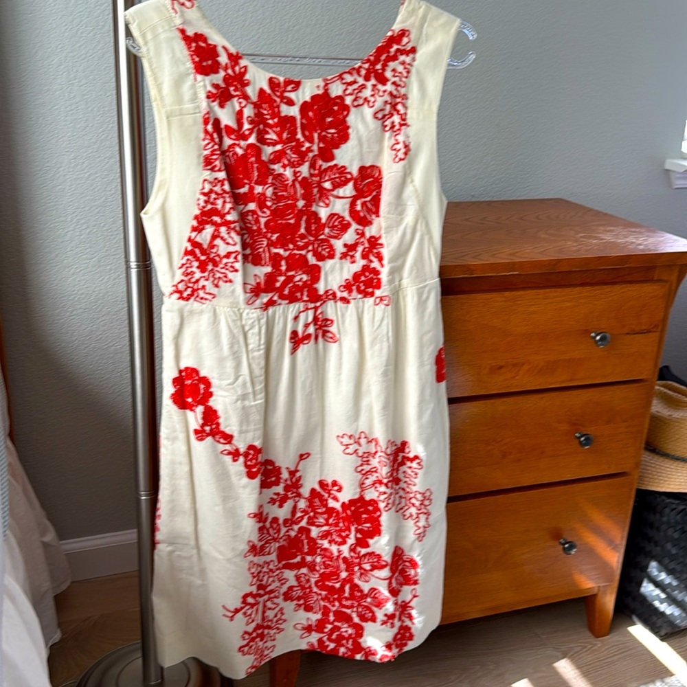 J Crew, White cotton dress with black red flower stitching